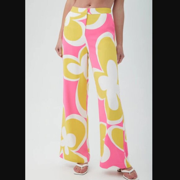 Trina Turk Verity Bright Pink & Yellow Retro Floral Wide Leg Pants 0 - Picture 1 of 8